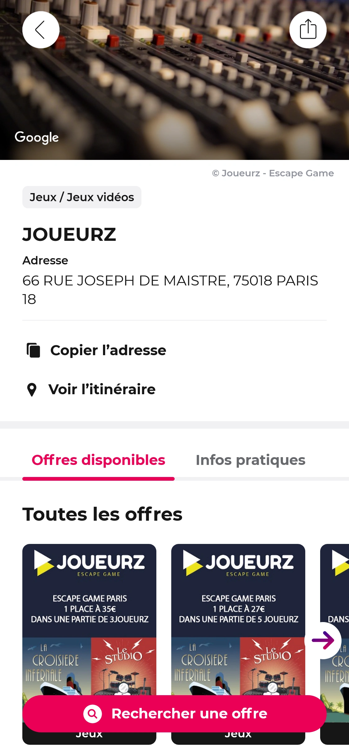 Capture d'écran de la page de Joueurz escape game dans l'application mobile pass Culture