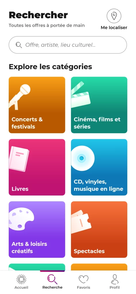 Capture d'écran de l' l'application mobile pass Culture - extrait de la page de Recherche avec les différentes catégories d'activités proposées