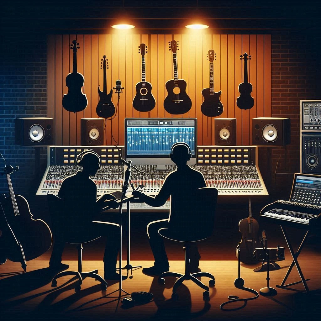 2 ingénieurs son en pleine production musicale dans un studio