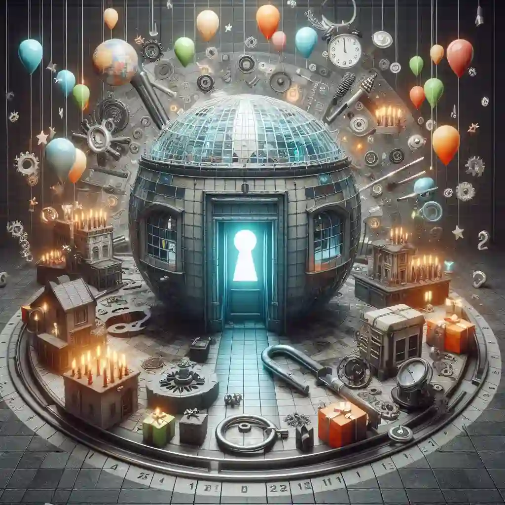 Représentation imaginaire d'une room d'escape game en forme de sphère dont la porte mystérieuse est fermée entrouverte est lumineuse