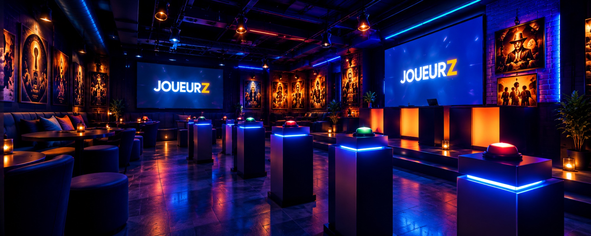 La salle du Quiz Game Joueurz, pupitres lumineux et écrans géants